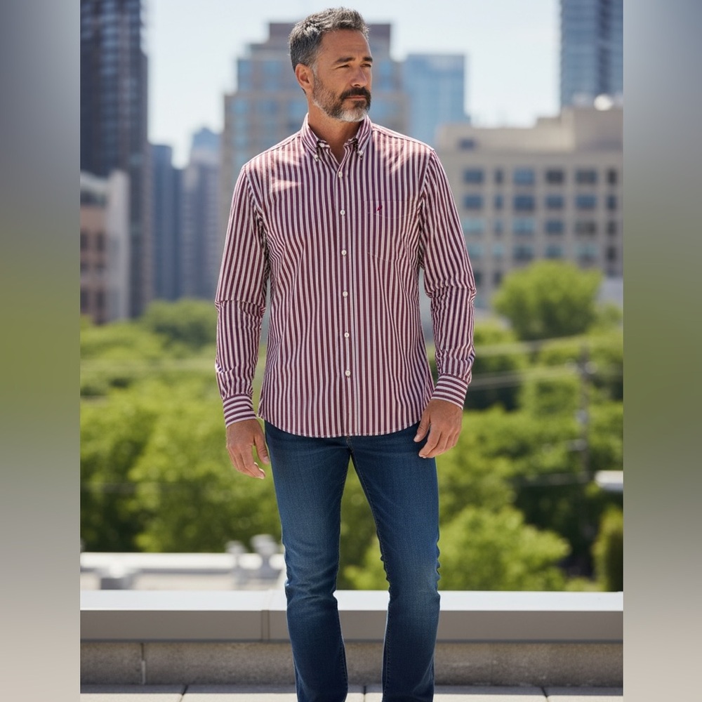Nautica Men's Burgundy Striped Button Down Shirt